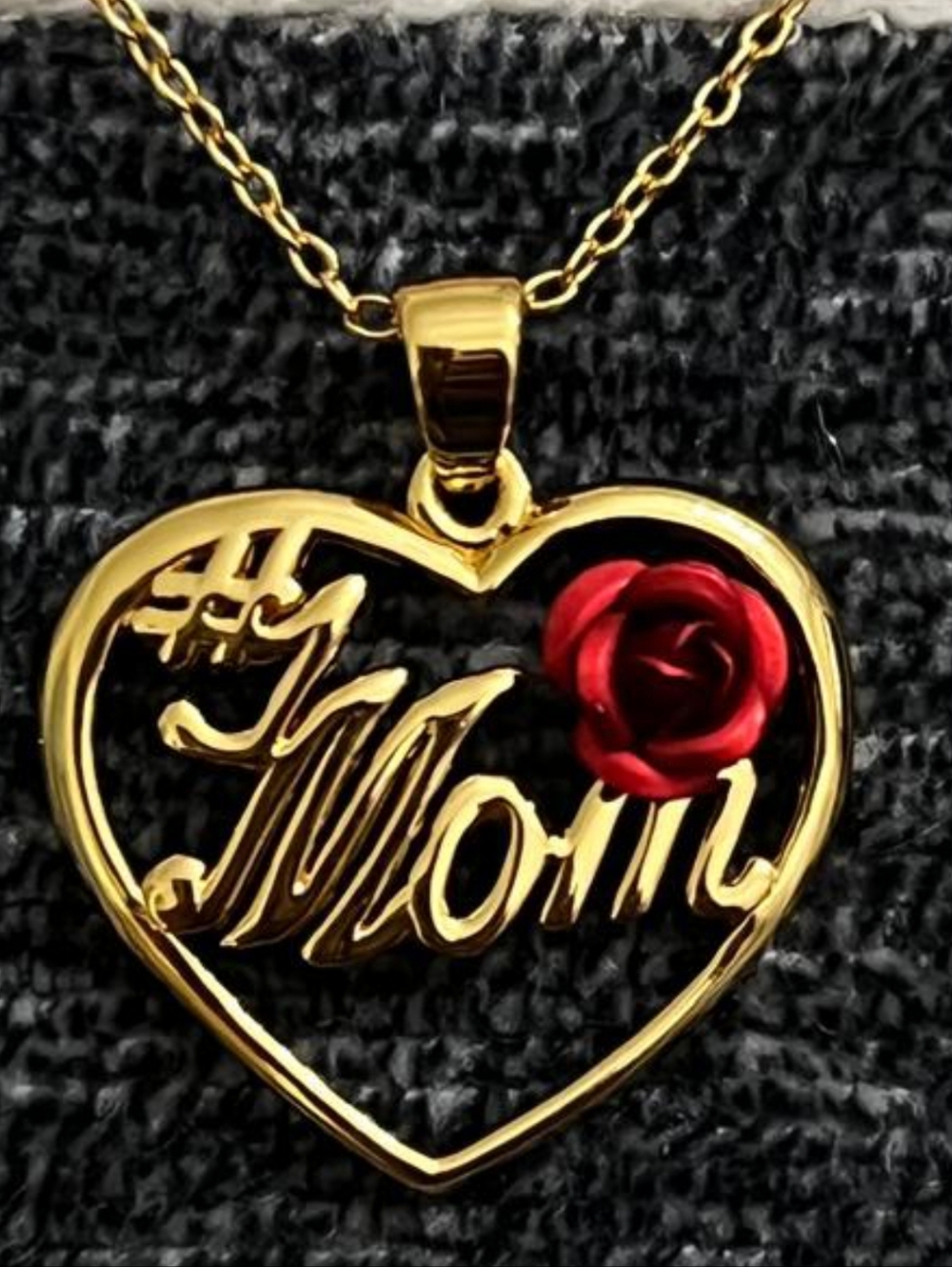 Silver 925  Plated Gold Heart "Mom" Pendant Necklace with Red Rose Accent